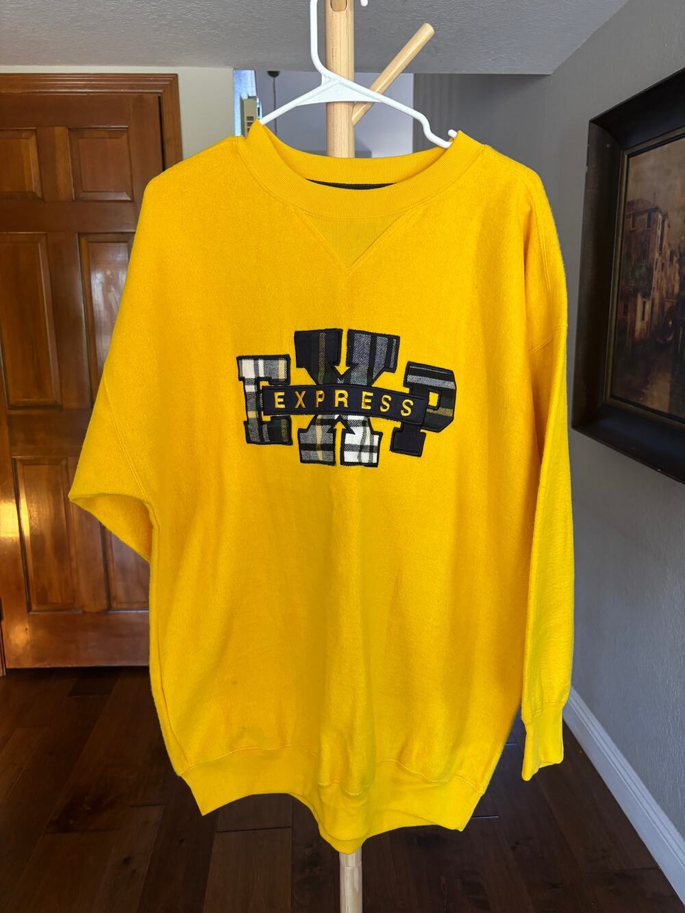 Vintage 90s Express EXP Yellow Crewneck Sweatshirt Plaid Graphic XS Oversized